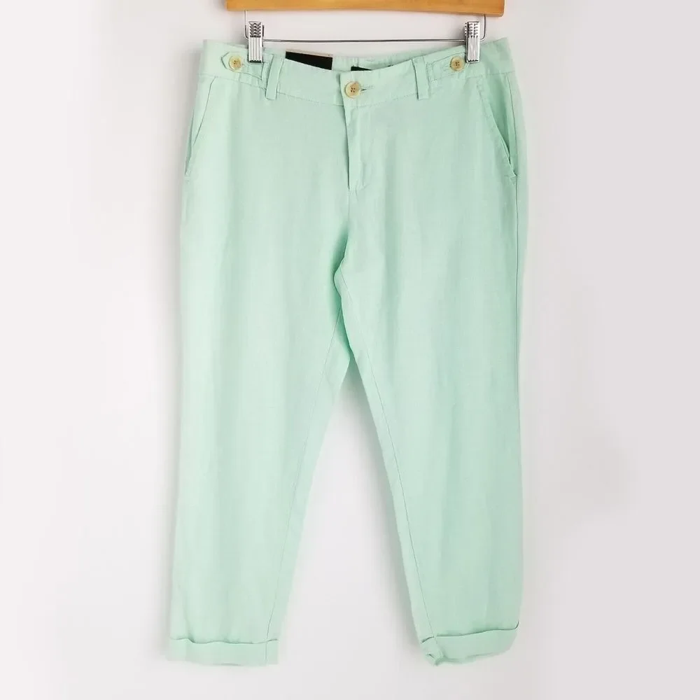 Banana Republic Linen Cropped Pants Womens 4 Cuffed Hem Teal New w/ Tag NWT $49
